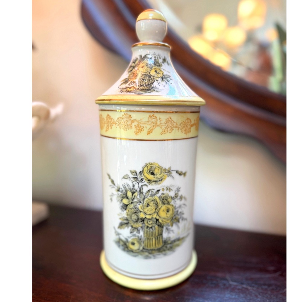 Vintage Isco Hand Painted Yellow Floral Porcelain Apothecary Jar with Lid 10.5"
